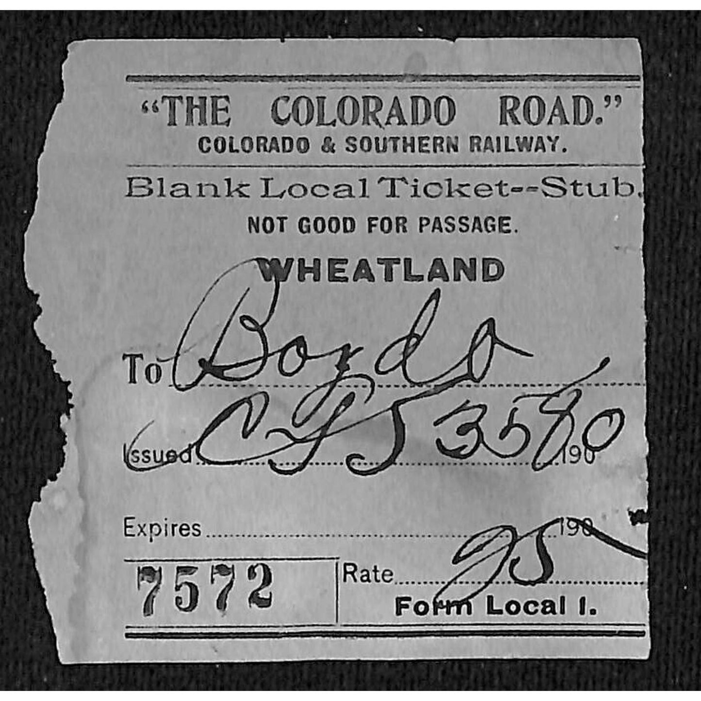 Colorado & Southern Railway c1909 Ticket - Wheatland #7572