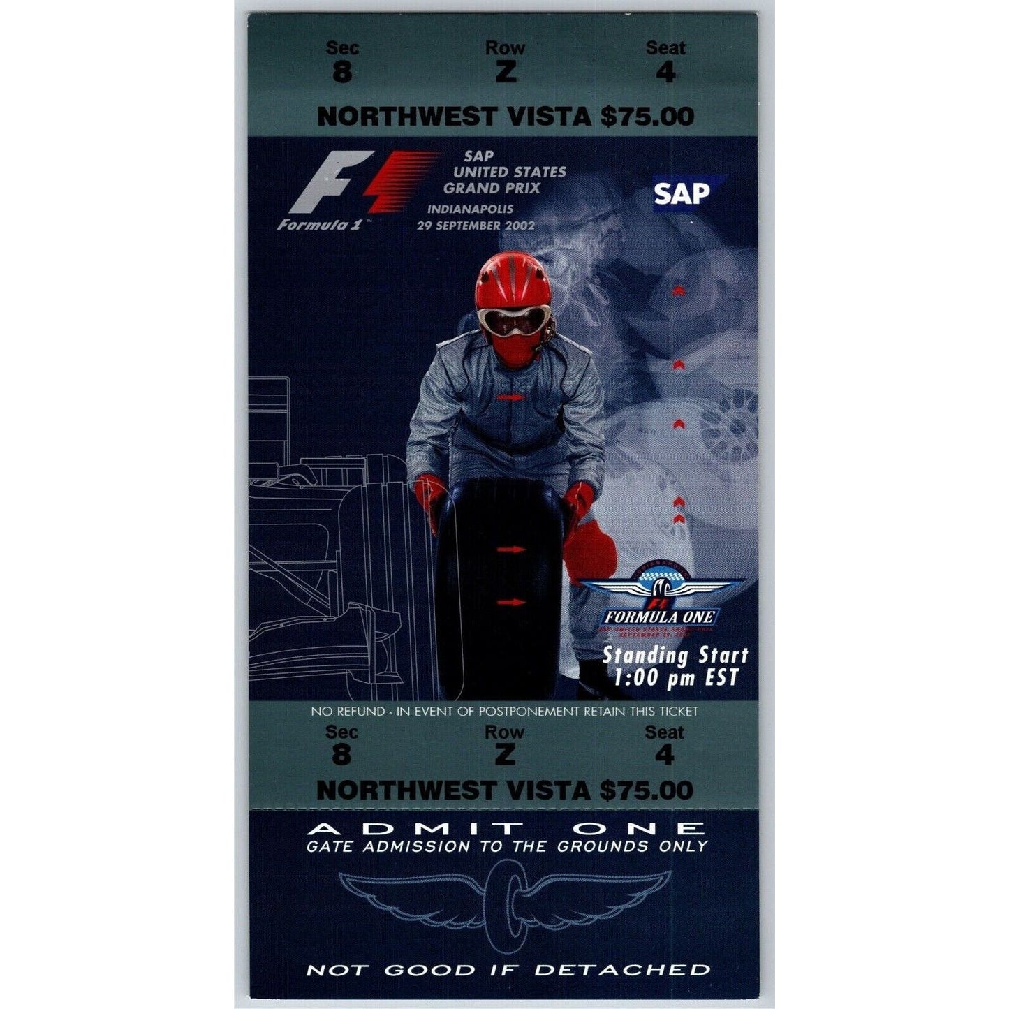 2002 Indianapolis Formula One Grand Prix Racing Unused Ticket 9/29 VGC Seat 4