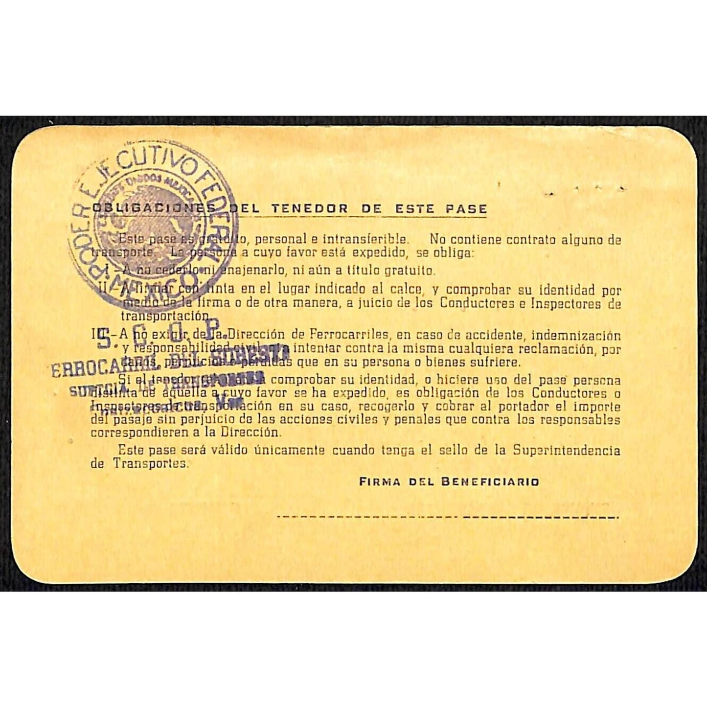 1959 Ferrocarriles S.C.O.P. Railways Railroad Mexico Trip Pass