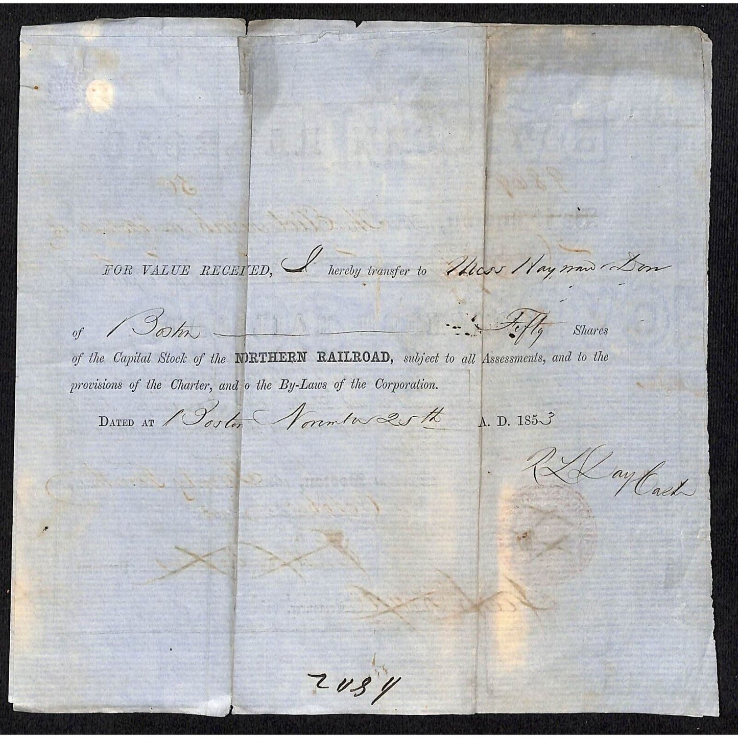 2 Affixed 1853 Northern Railroad Stock Certificates "The Eliot Bank" Boston