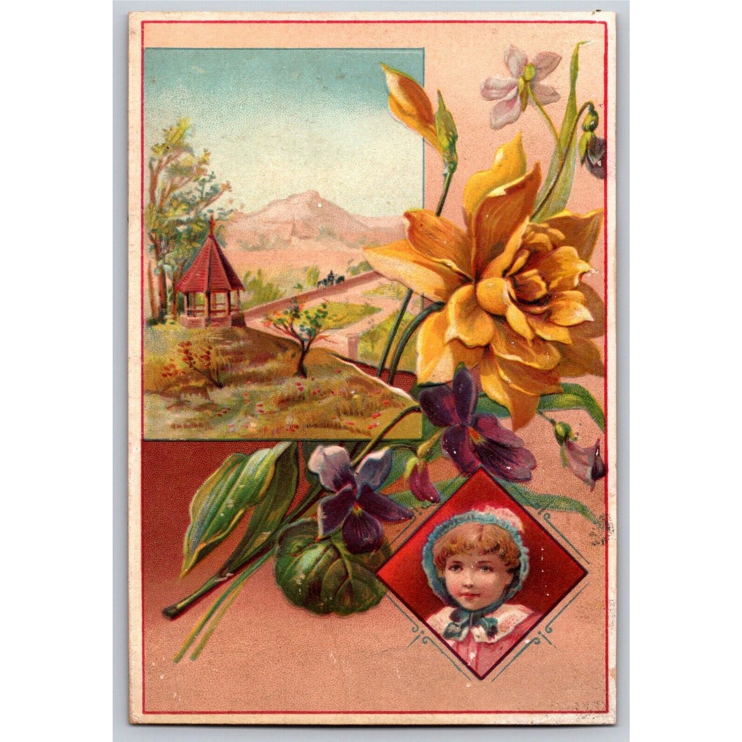 Embossed Victorian Trade Card - Blank w/ no Company Name Floral Home Scene