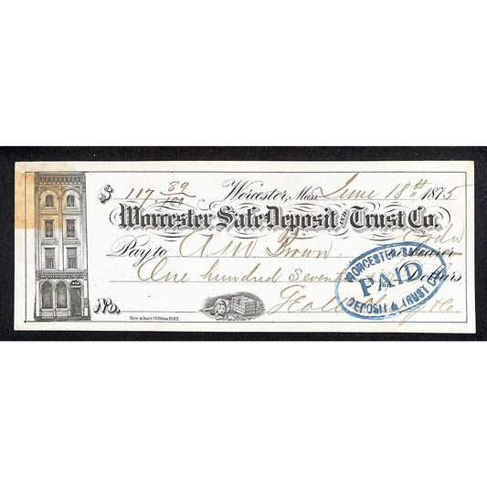 1875 Worcester Safe Deposit & Trust Co. $117.89 Bank Check w/ Building Vignette