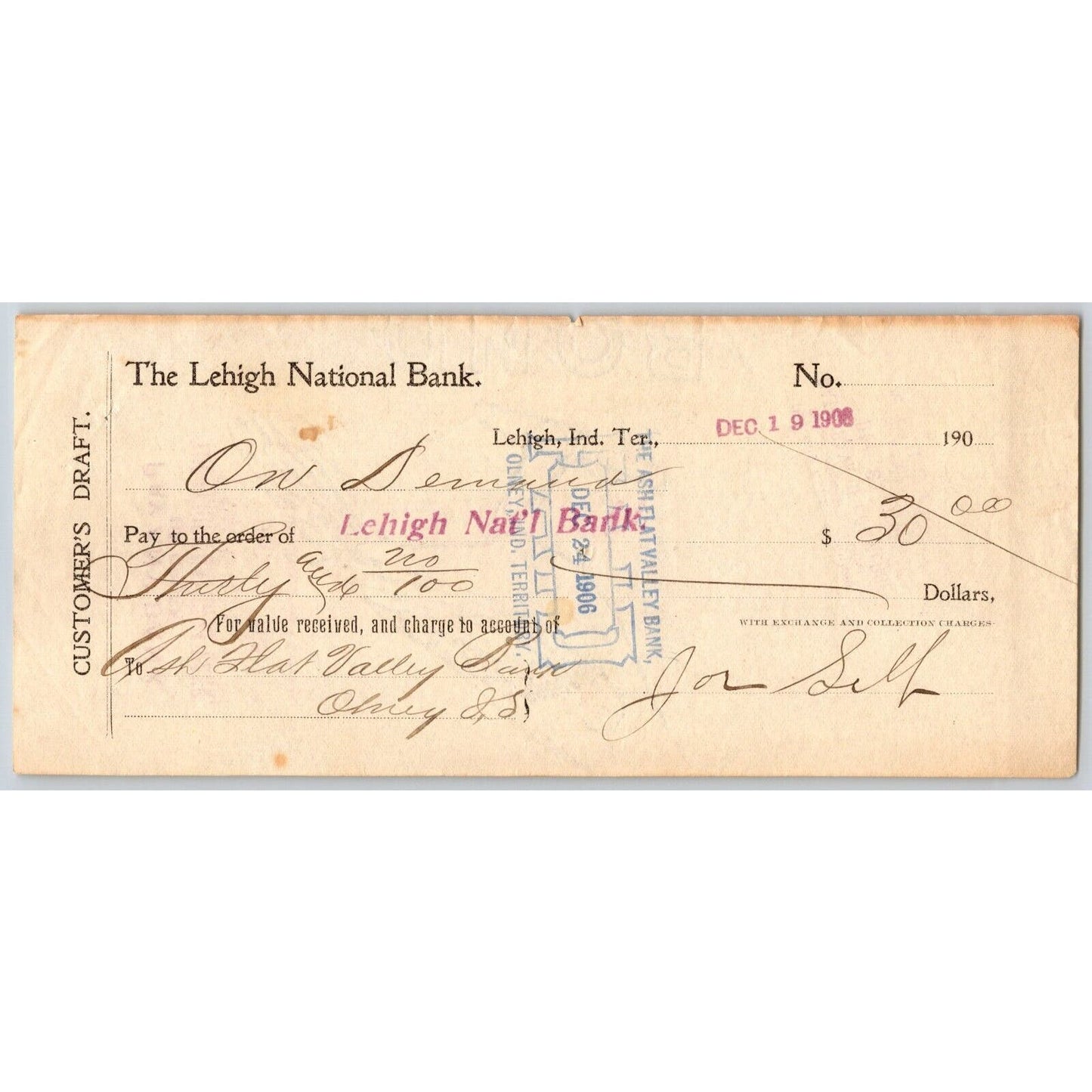 Lehigh, Oklahoma Indian Territory 1906 Lehigh National Bank Check - Scarce