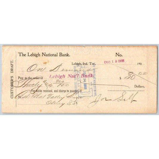 Lehigh, Oklahoma Indian Territory 1906 Lehigh National Bank Check - Scarce