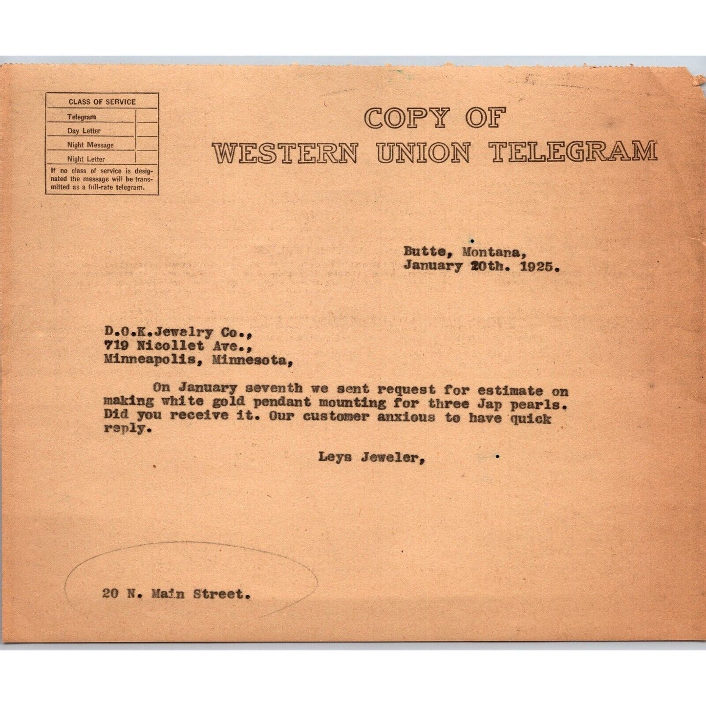 "Leys" Jewelers Butte, MT 1925 WU Telegram Copy re: White Gold Pendant