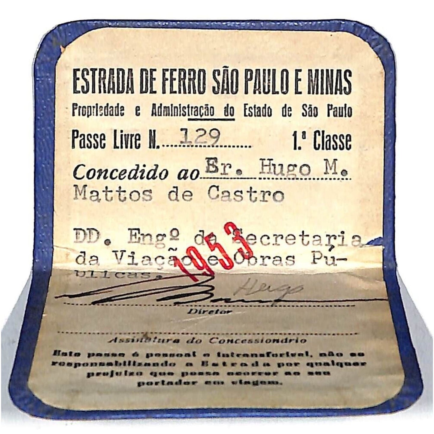 1953 Sao Paulo and Minas Railroad (EFVM) Pass / Ticket w/ Holder