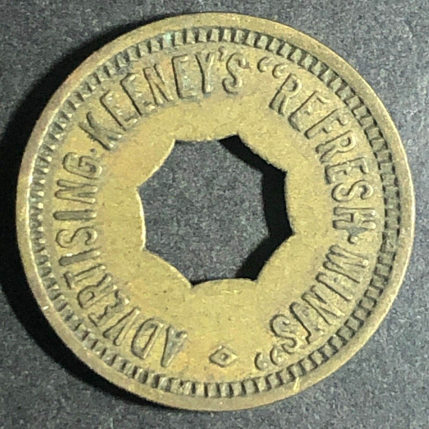 Vintage 21mm Brass "Advertising Keeney's Refresh Mints" - G/F Donut Token