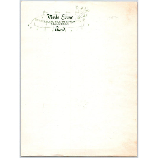 Merle Evans Band c1952 Circus Letterhead Ringling Bros. w/ Tent Art