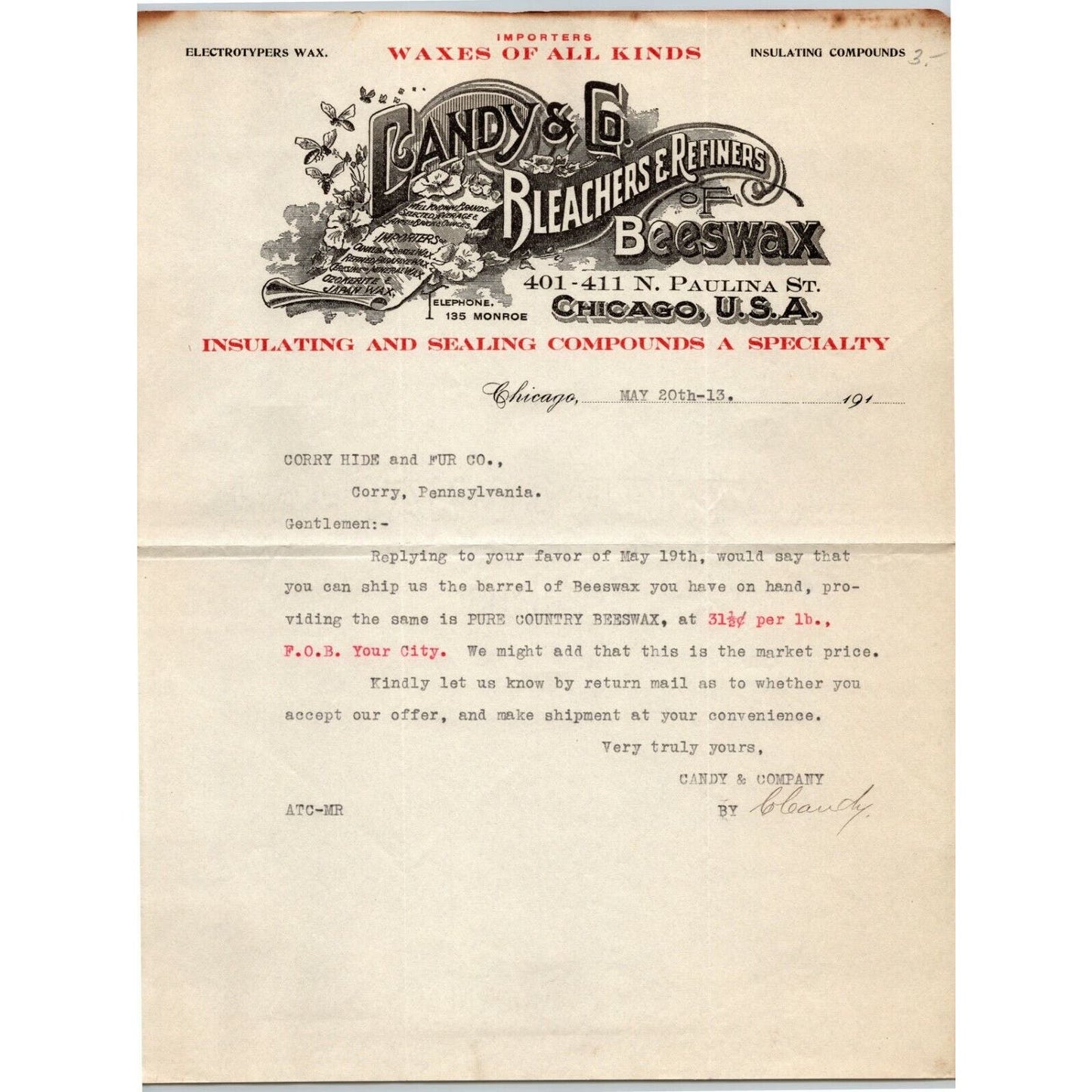 Candy & Co. 1913 Letterhead Chicago Bleachers Refiners Beeswax Sealing Compounds