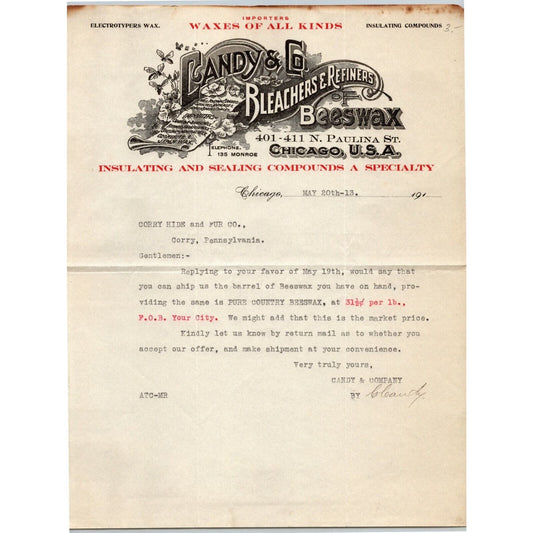 Candy & Co. 1913 Letterhead Chicago Bleachers Refiners Beeswax Sealing Compounds