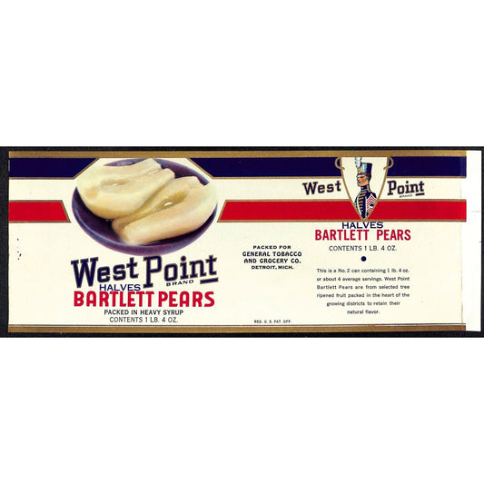 1942 Paper Label West Point Pears General Tobacco Grocery Detroit - VGC - Scarce