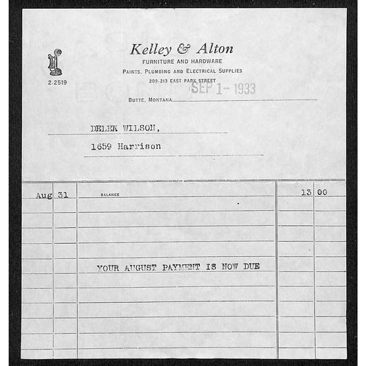 Kelly & Alton Furniture Butte Montana c1933 Billhead Letterhead - Wilson Drug