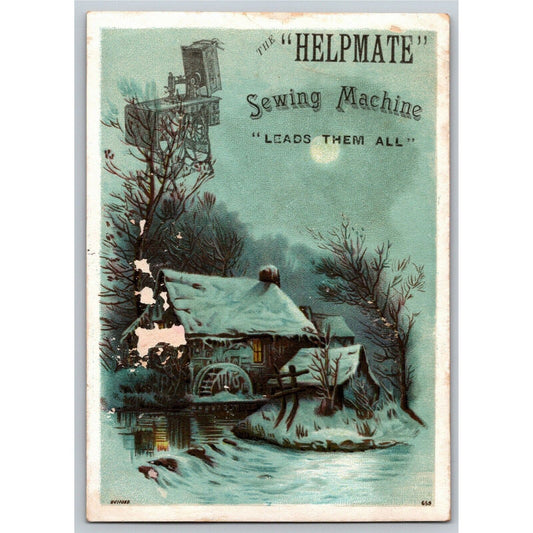 Helpmate Sewing Machine Victorian Trade Card Waterwheel Stream Winter - w/ Loss