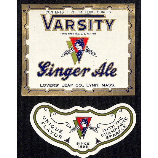 Lovers' Leap Varsity Ginger Ale Paper Label Lynn, MASS. NOS Scarce VGC