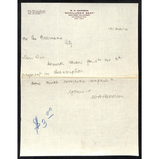 W.H. Davidson "Schilling's Best" (Spices) Los Angeles 1912 ALS Letterhead