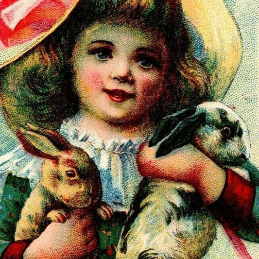 Girl in Dress w/Hat Holding Rabbits - Unmarked Blank Victorian Trade Card