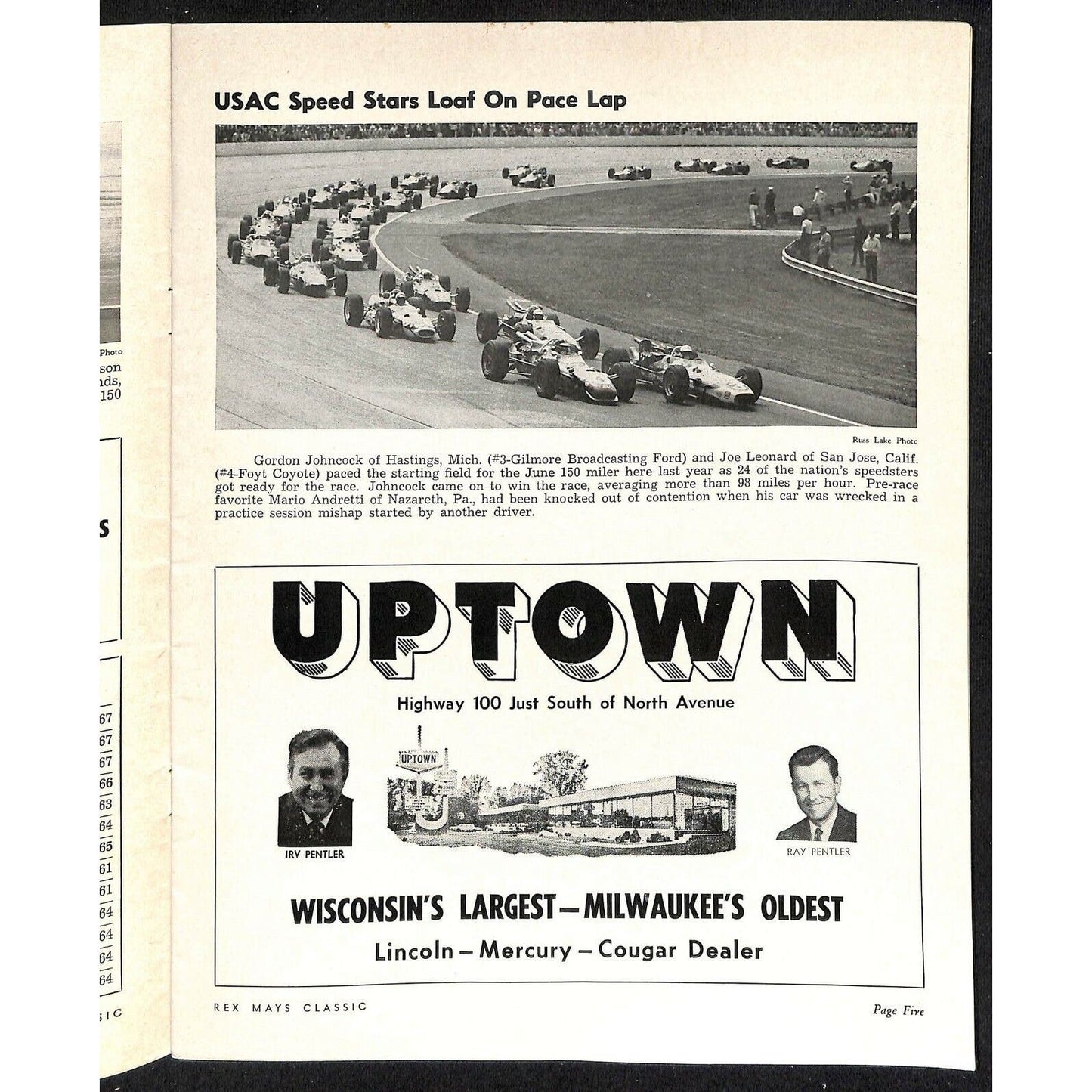 Scarce Jun 9 1968 USAC Rex Mays Classic Auto Racing Program Wisconsin Speedway