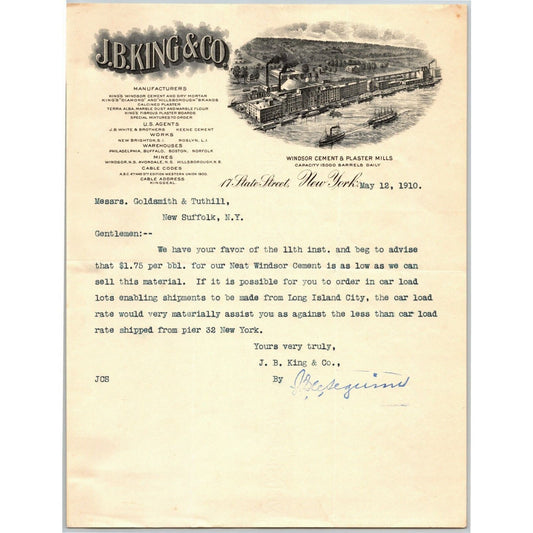 J.B. King & Co 1910 Letterhead 17 State St. NYC Windsor Plaster Mills Ship Docks