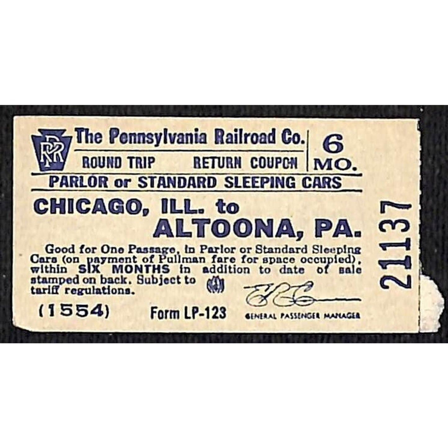 Pennsylvania Railroad SAMPLE Ticket Chicago to Altoona #21137