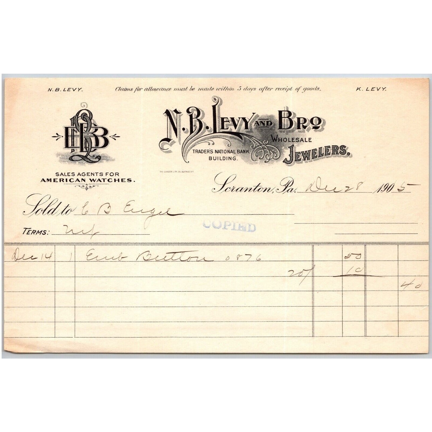 Scranton, PA N.B. Levy and Bro Jewelers "C.B. Engel" 1905 Billhead Emb Button