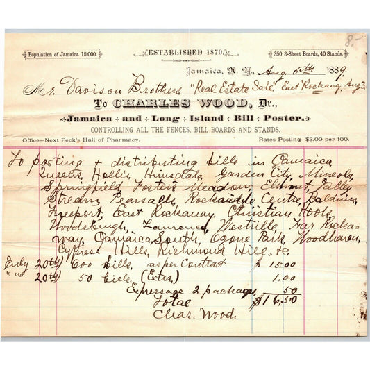 1889 Jamaica NY Letterhead Charles Wood Bill Poster "Controlling All the Fences"