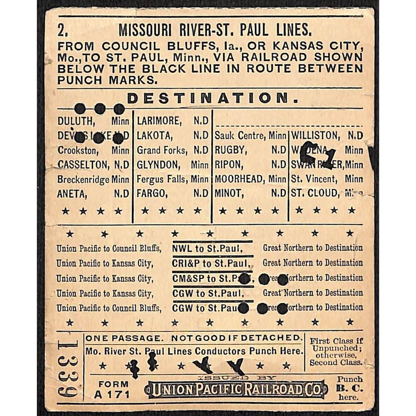 1913 Union Pacific Railroad Ticket Missouri River St. Paul Lines #1339