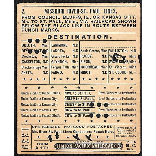 1913 Union Pacific Railroad Ticket Missouri River St. Paul Lines #1339