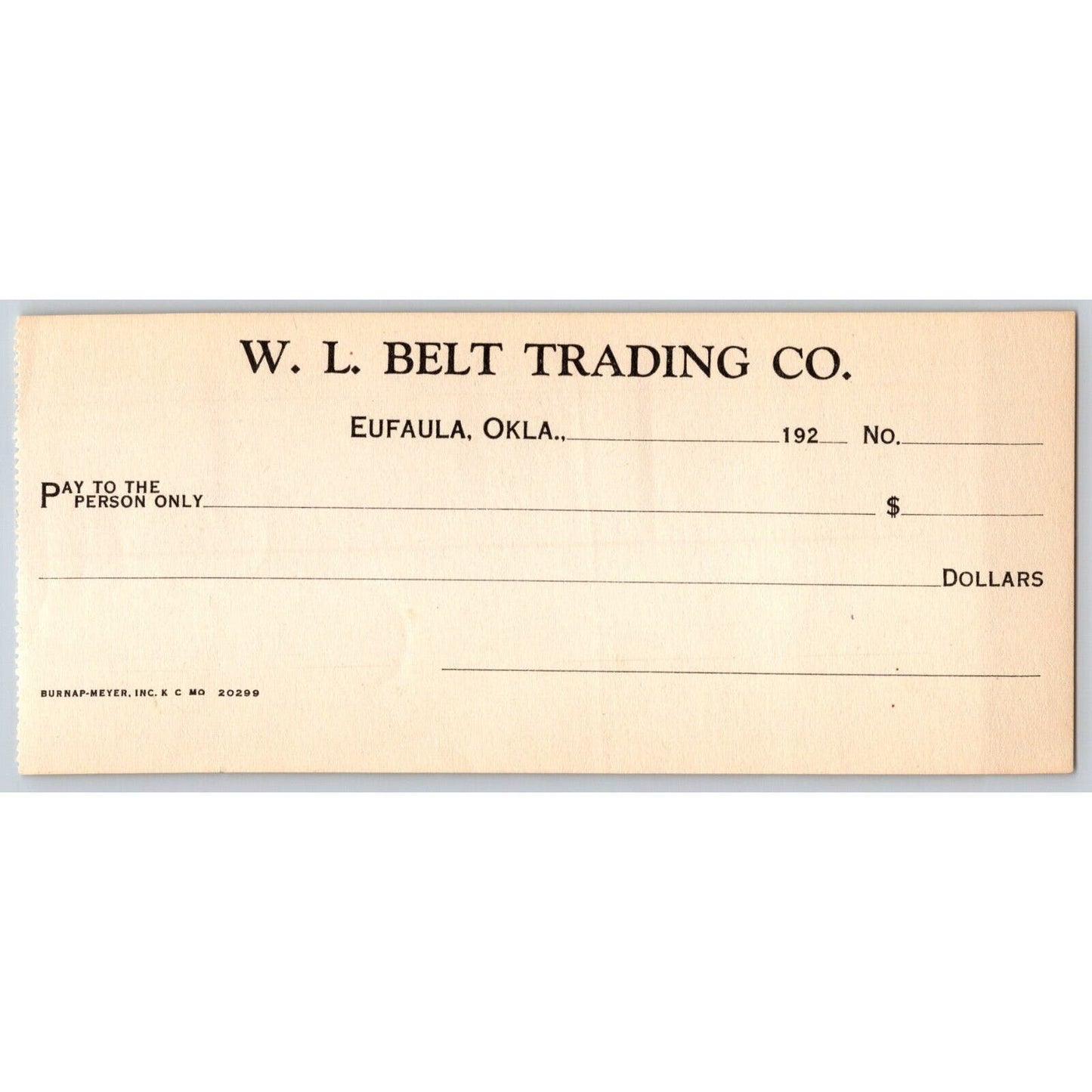 Eufaula Oklahoma 1920-1929 W.L. Belt Trading Unused Bank Check VGC No Folds