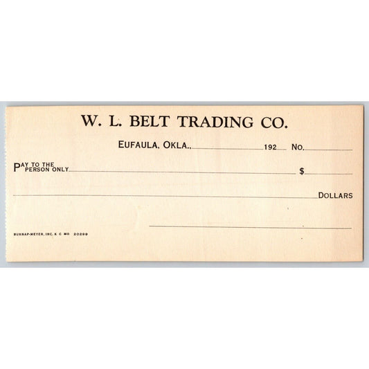 Eufaula Oklahoma 1920-1929 W.L. Belt Trading Unused Bank Check VGC No Folds