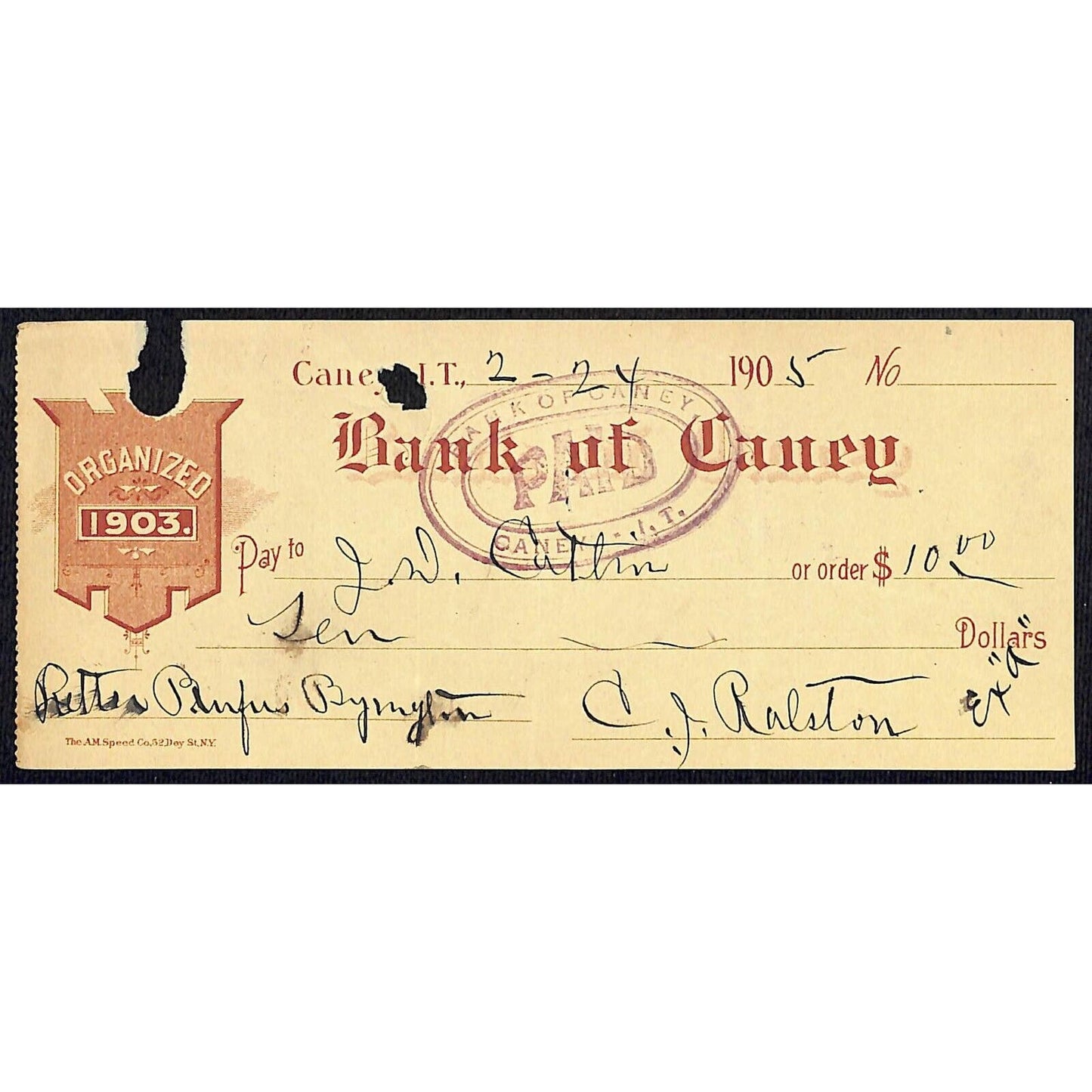 Caney, OK 1905 Indian Territory Bank of Caney Check - Scarce