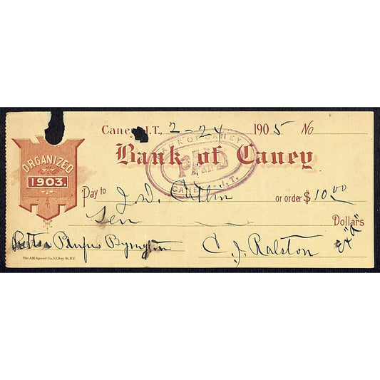 Caney, OK 1905 Indian Territory Bank of Caney Check - Scarce