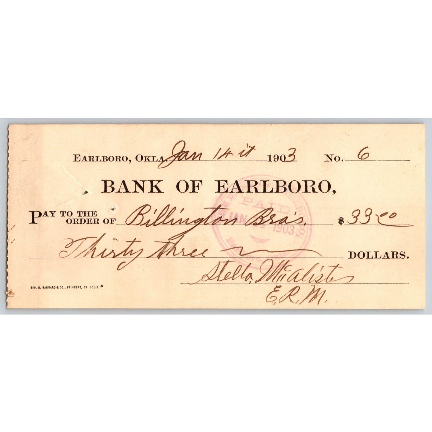 Earlboro, OK 1903 Territorial Billington Bros. "Bank of Earlboro" Check - Scarce