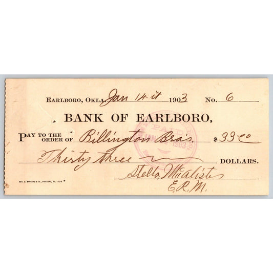 Earlboro, OK 1903 Territorial Billington Bros. "Bank of Earlboro" Check - Scarce
