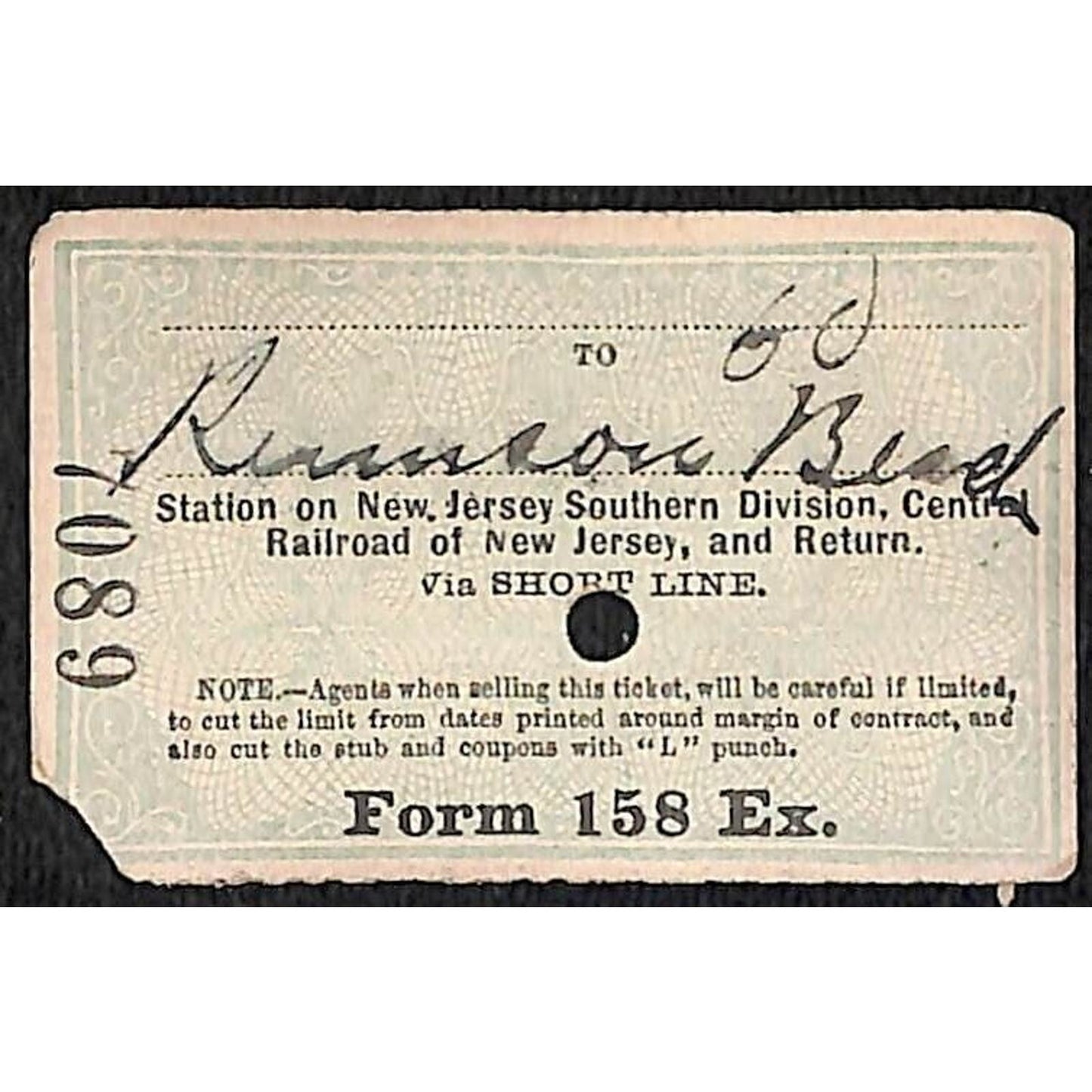 New York & Long Branch Railroad 1896 Ticket North Asbury Park Rumson Beach #7089