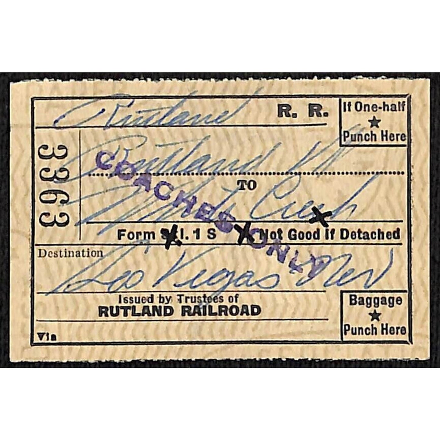 Rutland Railway Ticket / Stub Write In to Las Vegas ? 1952 #3363