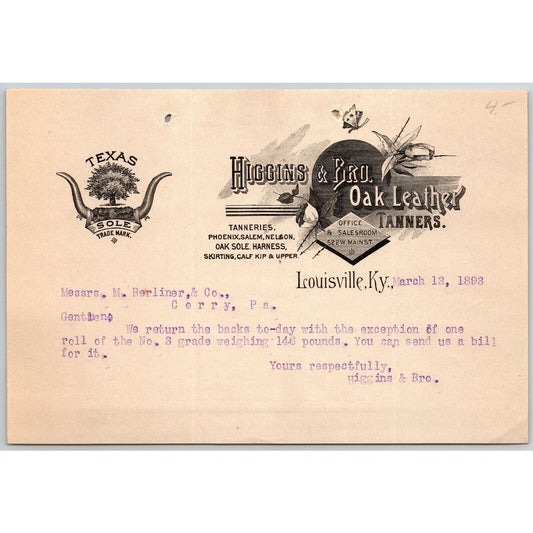 Higgins & Bro. 1893 Letterhead Louisville, KY Oak Leather Tanners Texas Sole