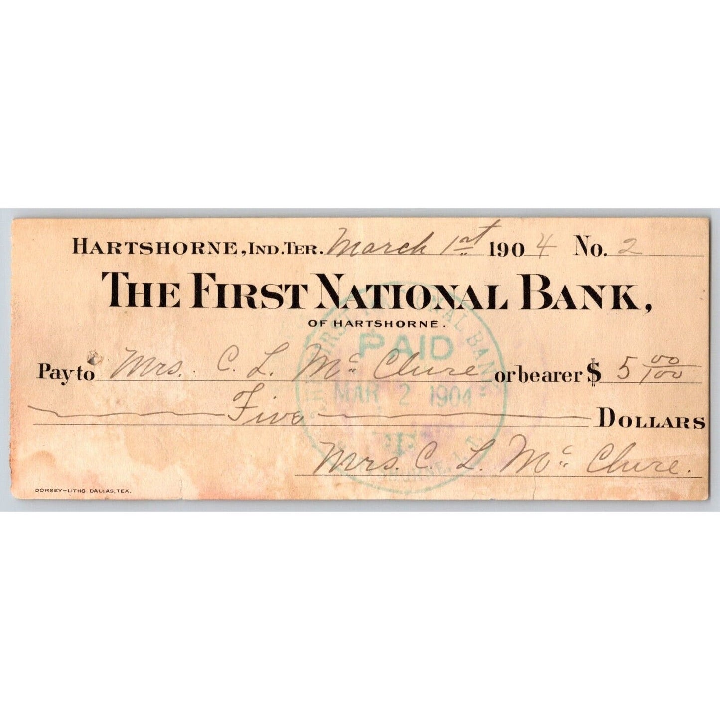 Hartshorne, OK Indian Territory 1904 $5 FNB Bank Check VGC Scarce