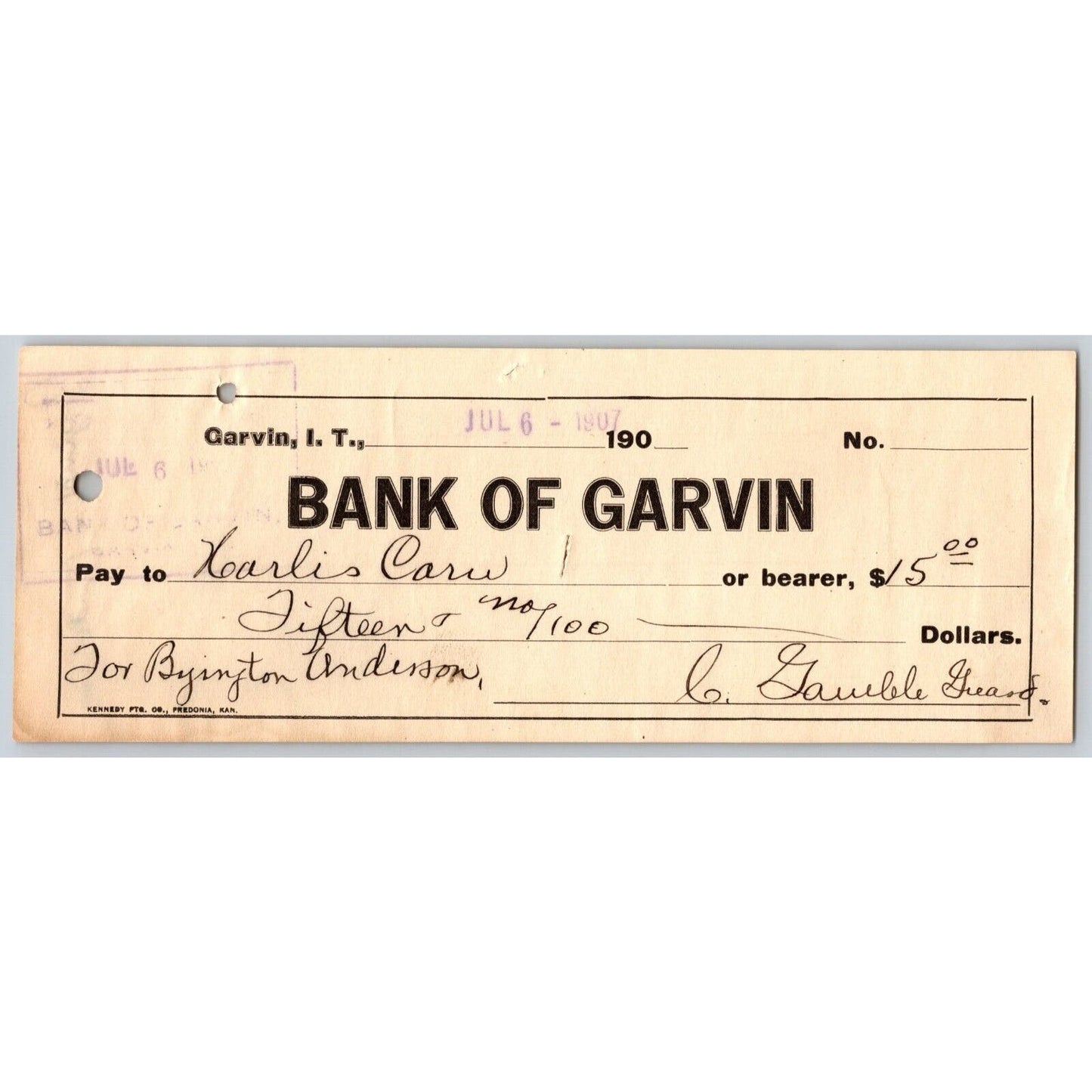 Garvin Oklahoma Indian Territory 1907 $15 Bank Check VGC - Scarce