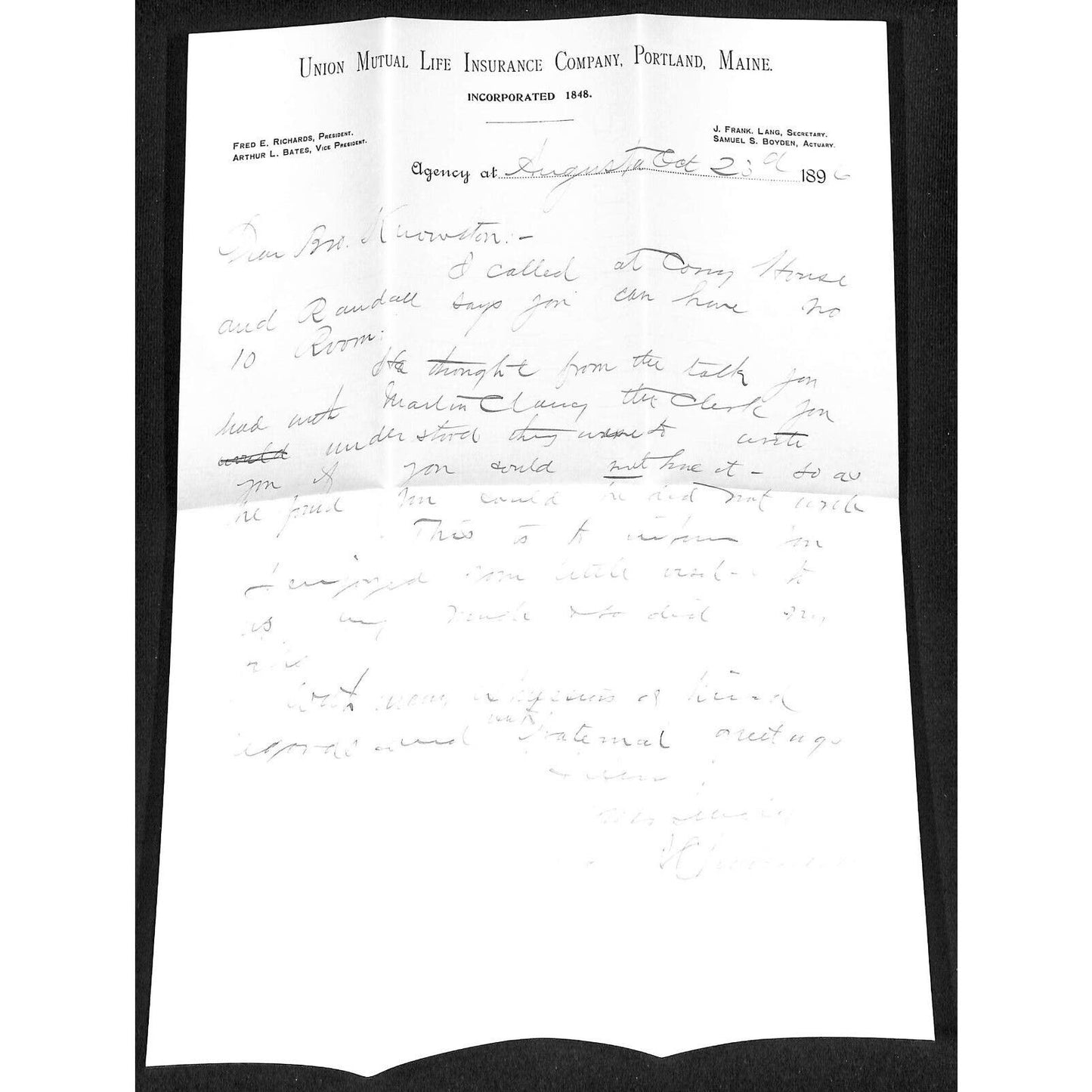Newburgh ME Amos W. Knowlton* 1896 Union Mutual Life Ins. Co Portland Letterhead