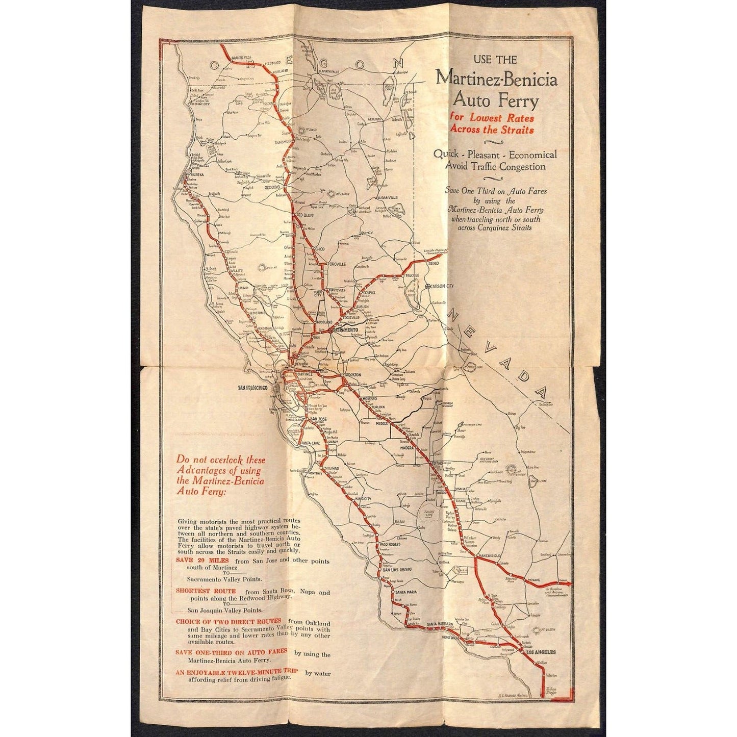 Martinez-Benicia Auto Ferry California Road Map Time Table c1920's-30's Scarce