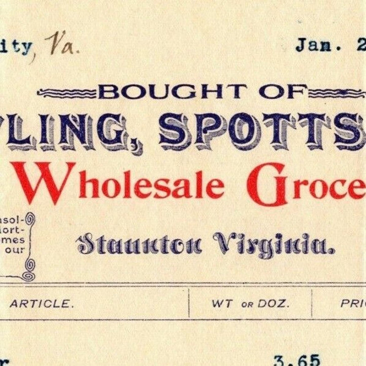 1896 Scarce Bowling, Spotts & Co Whsl. Grocers Billhead Letterhead Staunton, VA