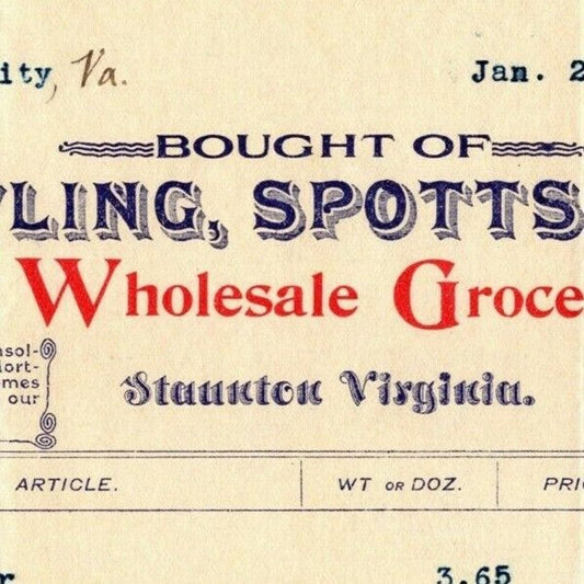 1896 Scarce Bowling, Spotts & Co Whsl. Grocers Billhead Letterhead Staunton, VA