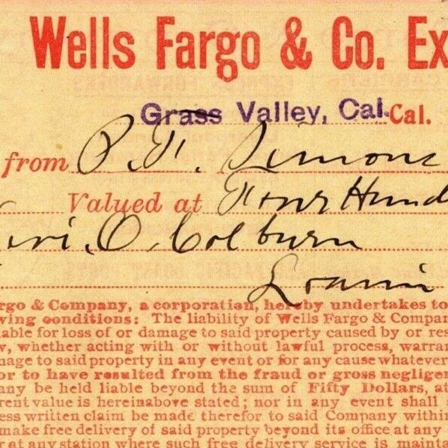 1908 Wells Fargo & Co Express - Grass Valley CA - $86.80 Money Receipt