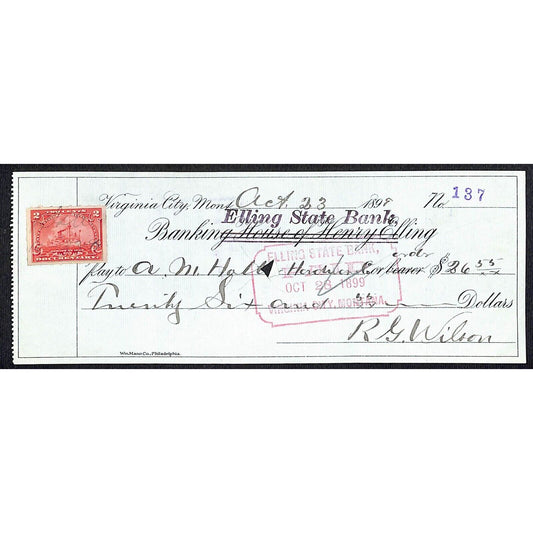 Virginia City, MT Henry Elling State Bank 1898 Check w/ Rev / Tax Stamp