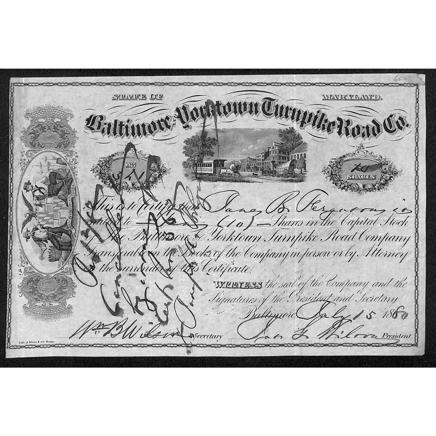 Baltimore and Yorktown Turnpike Road Co. 1880 Stock Certificate #341 Scarce