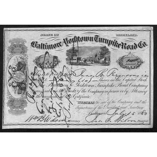 Baltimore and Yorktown Turnpike Road Co. 1880 Stock Certificate #341 Scarce