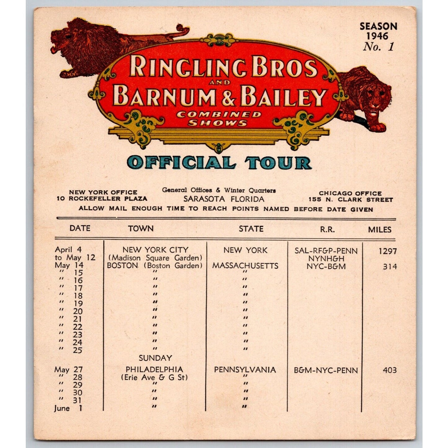 1946 Ringling Bros Barnum Bailey Circus Route Card Madison Square Boston Garden
