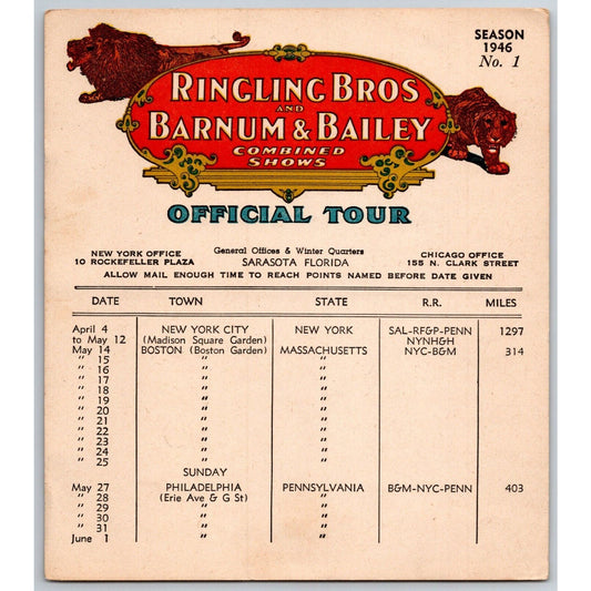 1946 Ringling Bros Barnum Bailey Circus Route Card Madison Square Boston Garden