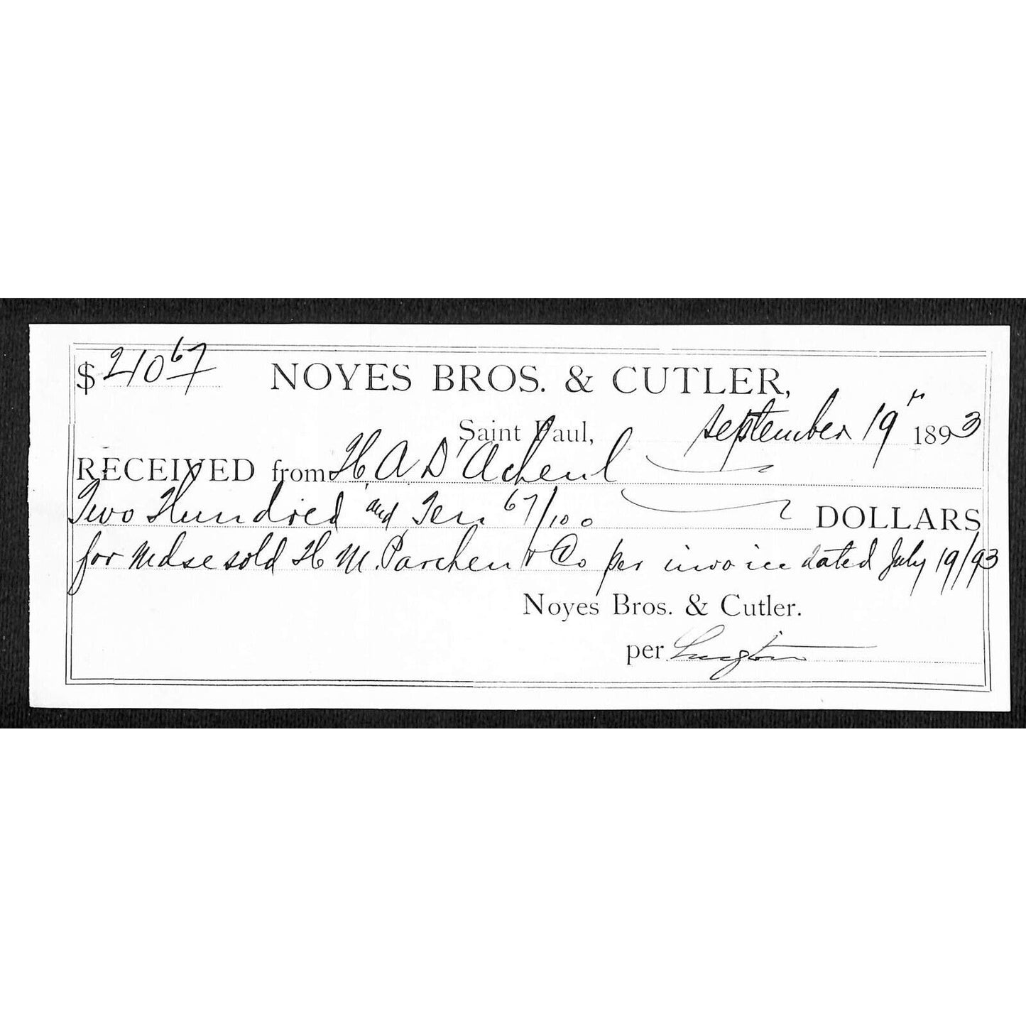 Noyes Bros. & Cutler Saint Paul 1893 Billhead / Receipt VGC