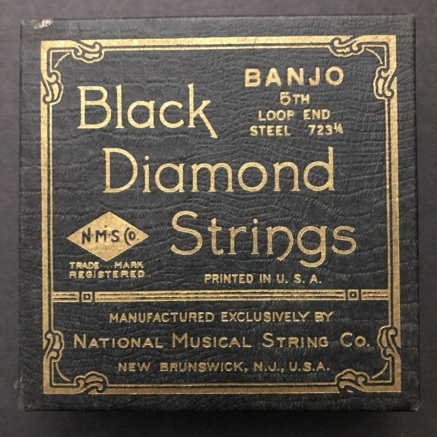 Vintage Empty Black Diamond Banjo String Box Faux Alligator? Texture + Gilt Text